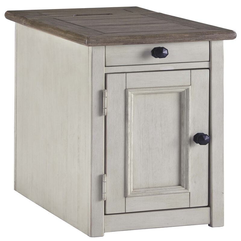 Chair Side End Table with 1 Cabinet and Pull Out Tray, White and Brown-Benzara image number 1