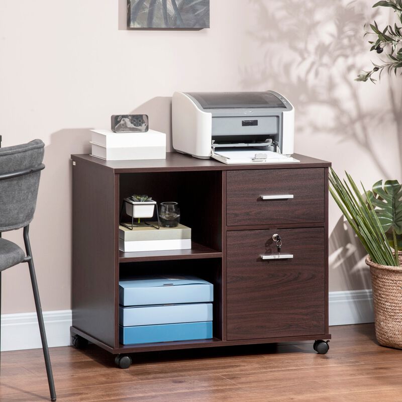 Walnut Mobile Storage: Lateral File Cabinet with Wheels & Open Shelves image number 1