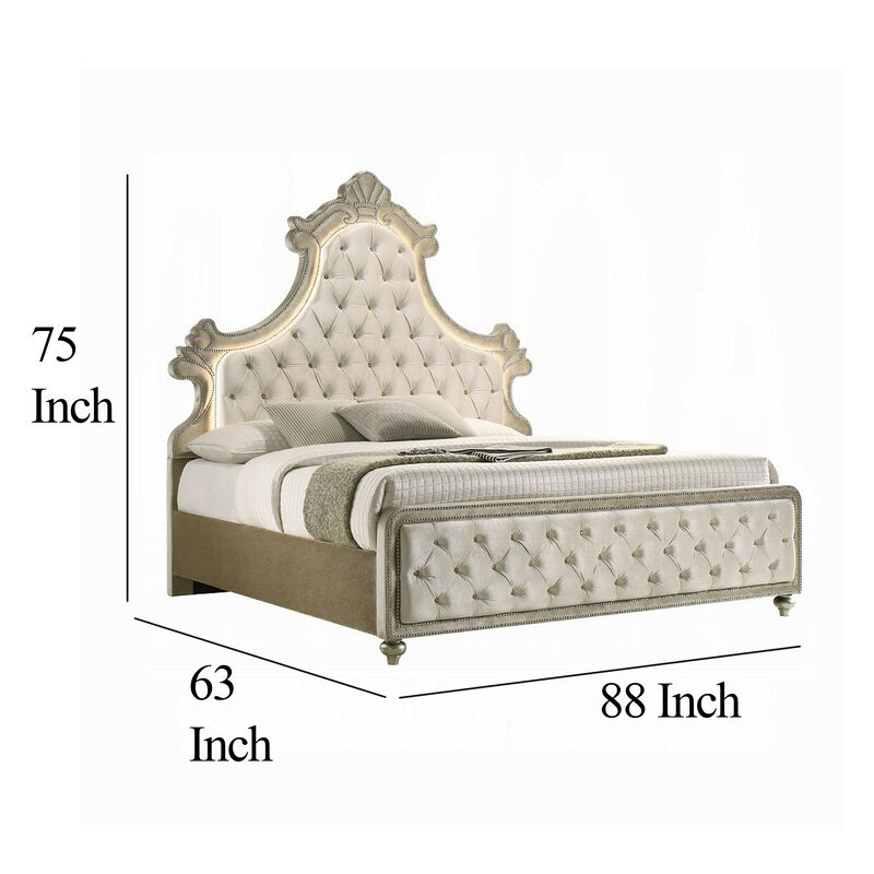 Willa Queen Size Bed, LED Lights, Beige Velvet Upholstery, Brown Wood image number 4