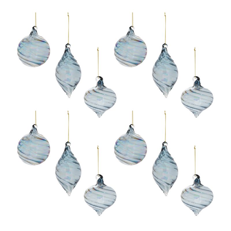 Iridescent Swirl Glass Baubles (Set of 12) &ndash; Elegant Ornaments for Glam, Winter Wonderland, or Minimalist Christmas Decor