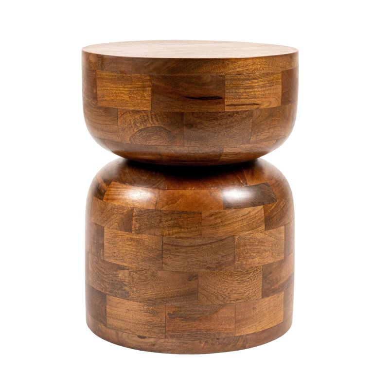 Round Mango Wood Stacked End Grain Accent Table, Walnut Finish image number 3