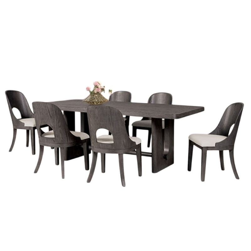 Zoko 7pc Dining Table Set, White Polyester Chairs, Ash Gray Rubberwood - Benzara