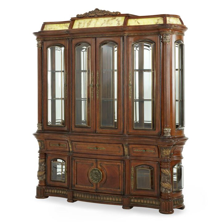 Michael Amini Villa Valencia China Cabinet with Lighted Top - Classic Chestnut