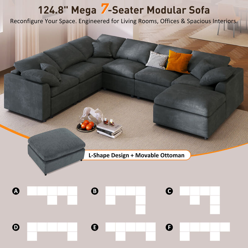 Merax Extra Large 7-Seater Modular Sectional Sofa with L-Shape Design & Movable Ottoman