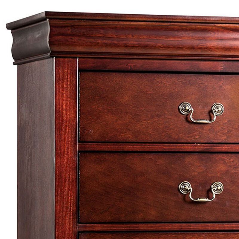 Ryla Tall Dresser Chest, 5 Drawers, Metal Handles, Cherry Brown Solid Wood - Benzara