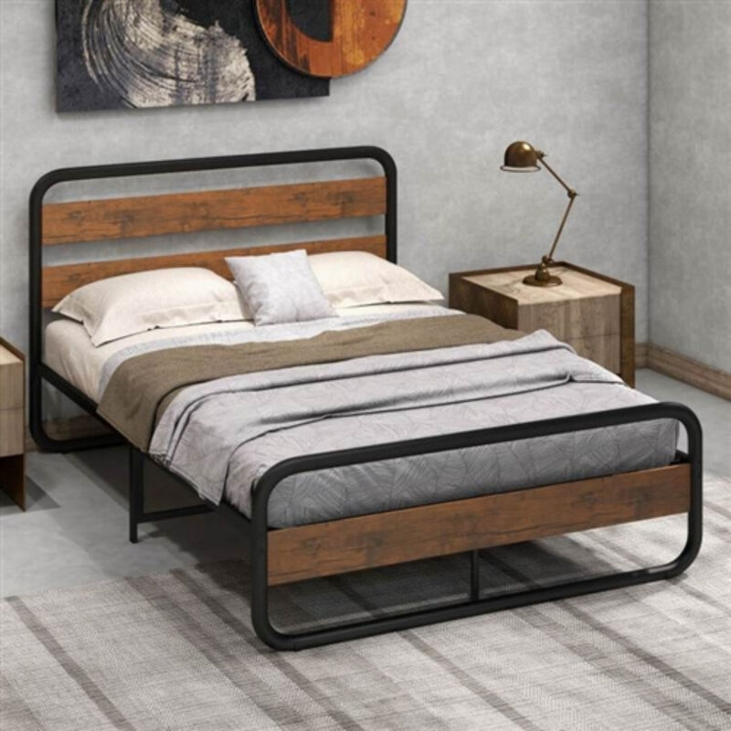 Modern Industrial Bed Frame with Metal Tube Design and Wood Headboard