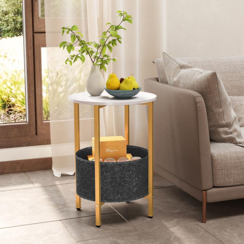 Hivvago Round End Table 2-Tier Side Table with Removable Fabric Basket and Metal Frame