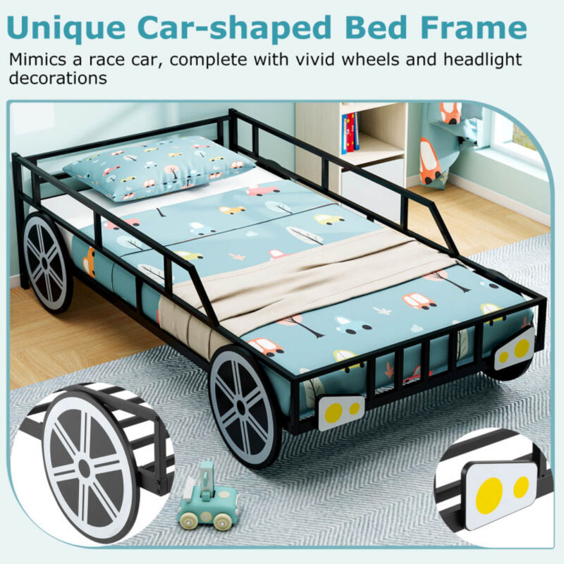 Car-Shaped Metal Bed Frame with Safety Guardrails, Fun Kids' Bed for Bedroom