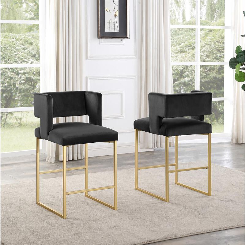Lynx Black Velvet Bar Stools in Gold (Set of 2)