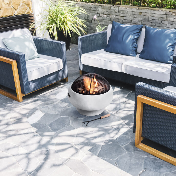 Outdoor Round Faux Concrete Wood Burning Fire Pit with Accessories, Gray