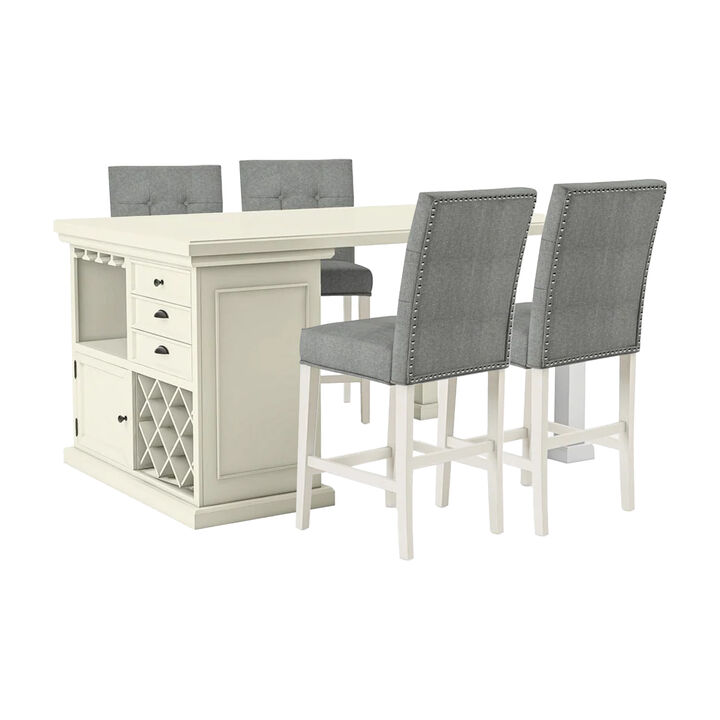 Tino 5pc Counter Height Table and Chair Set, Antique White Solid Wood - Benzara