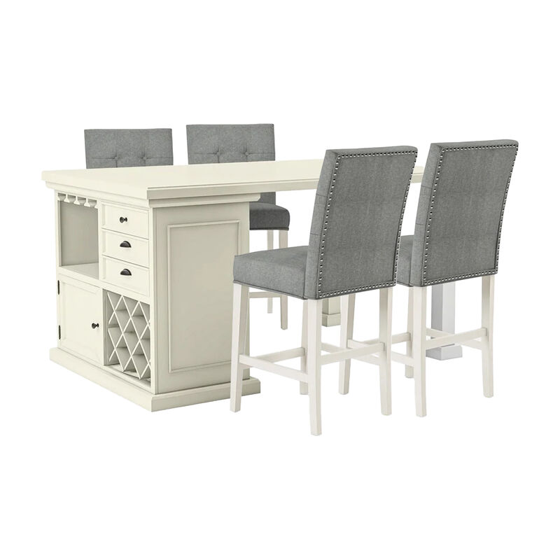 Tino 5pc Counter Height Table and Chair Set, Antique White Solid Wood - Benzara