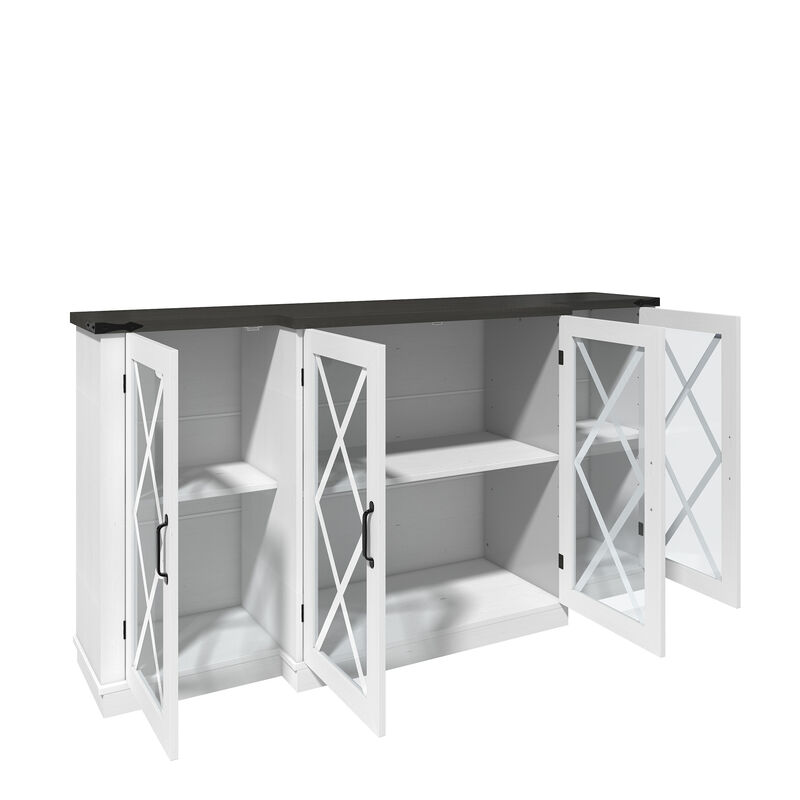 Farmhouse TV Stand for 70" TV, Wooden Media TV Console Entertainment Center with 4 Glass Door, Height Adjustable Shelves and Storage, White