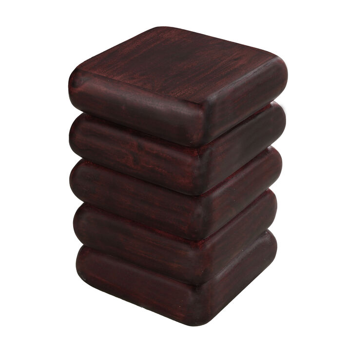 Zyra 18" Side End Table | Sculptural Stacked Design |  Dark Cherry Brown Acacia Wood