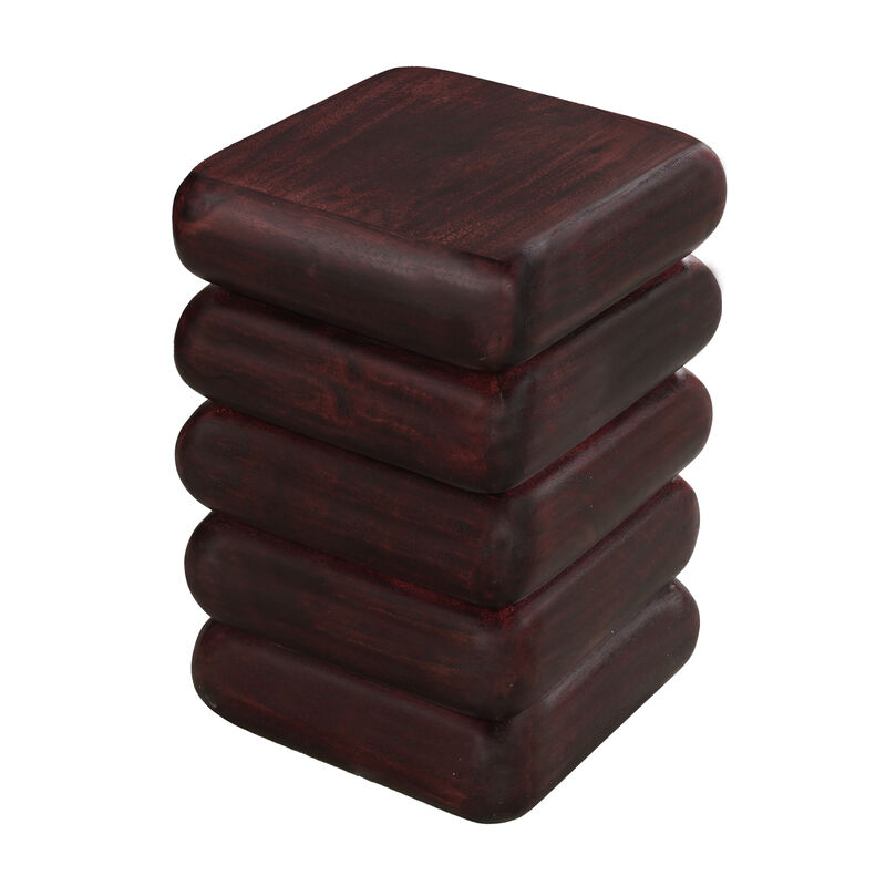 Zyra 18" Side End Table | Sculptural Stacked Design |  Dark Cherry Brown Acacia Wood