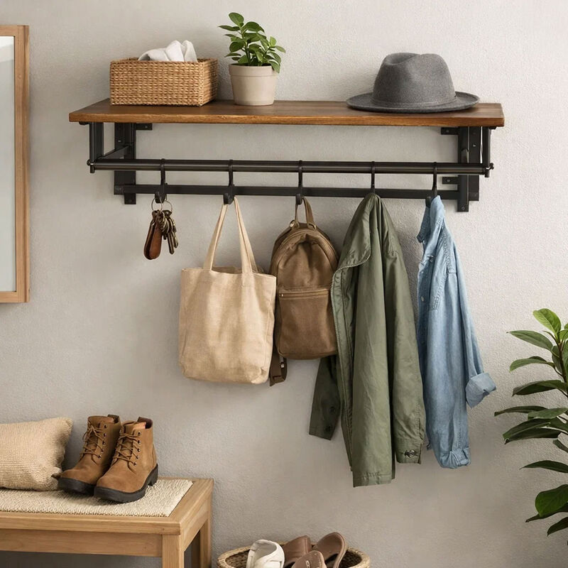 26 Inch Industrial Metal Frame Wall Mount Coat Rack, 5 Hooks, 1 Shelf, Rustic Brown, Black image number 7