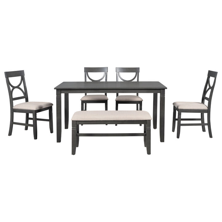 6-Piece Wood Dining Table Set Kitchen Table Set with Upholstered Bench and 4 Dining Chairs, Farmhouse Style, Gray