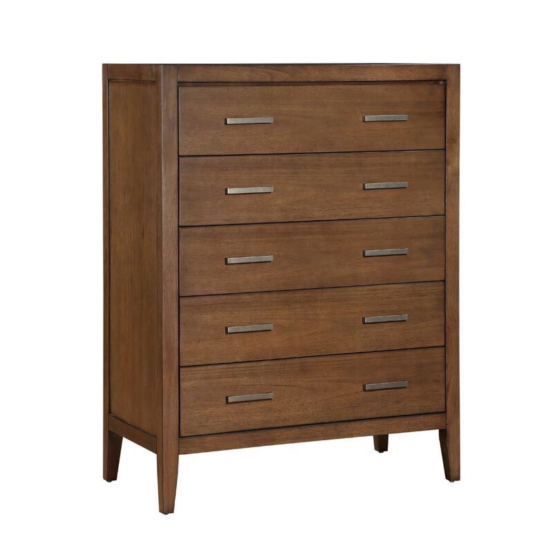 Evi Tall Dresser Chest, 5 Drawers, Brushed Rich Brown, Brass Pulls
