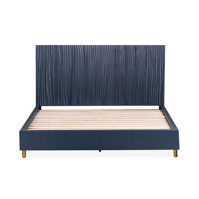 Herst Modern Queen Bed, Brass Metal Legs, Wavy Textured Navy Blue Headboard - Benzara