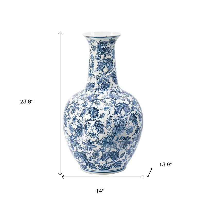 HomeRoots 24" Blue And White Floral Curved Porcelain Table Vase image number 5
