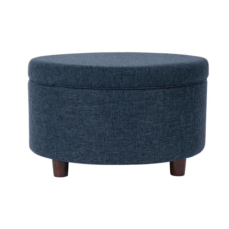 Modern Storage Ottoman, 28 Inch Round Lift Top, Navy Blue Woven Fabric - Benzara