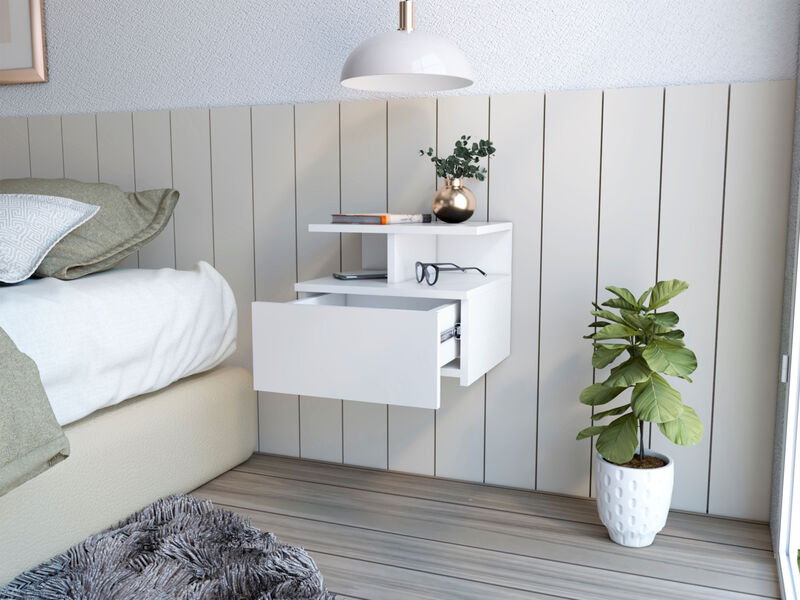 Bedroom Wall-Mounted Nightstand – One Drawer Faux Wood Floating Table