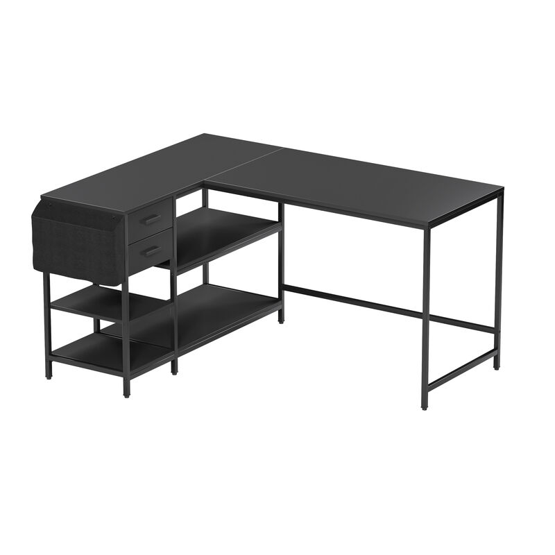 HomeRoots 55" Black Wood and Stainless Steel L Shape Computer Desk With Two Drawers image number 2