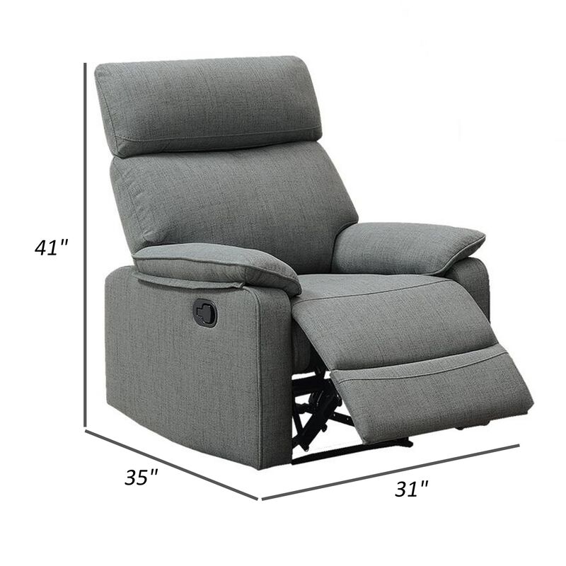 Fery 35 Inch Manual Recliner Chair, Gray Burlap, Cushioned Seat, Solid Wood - Benzara