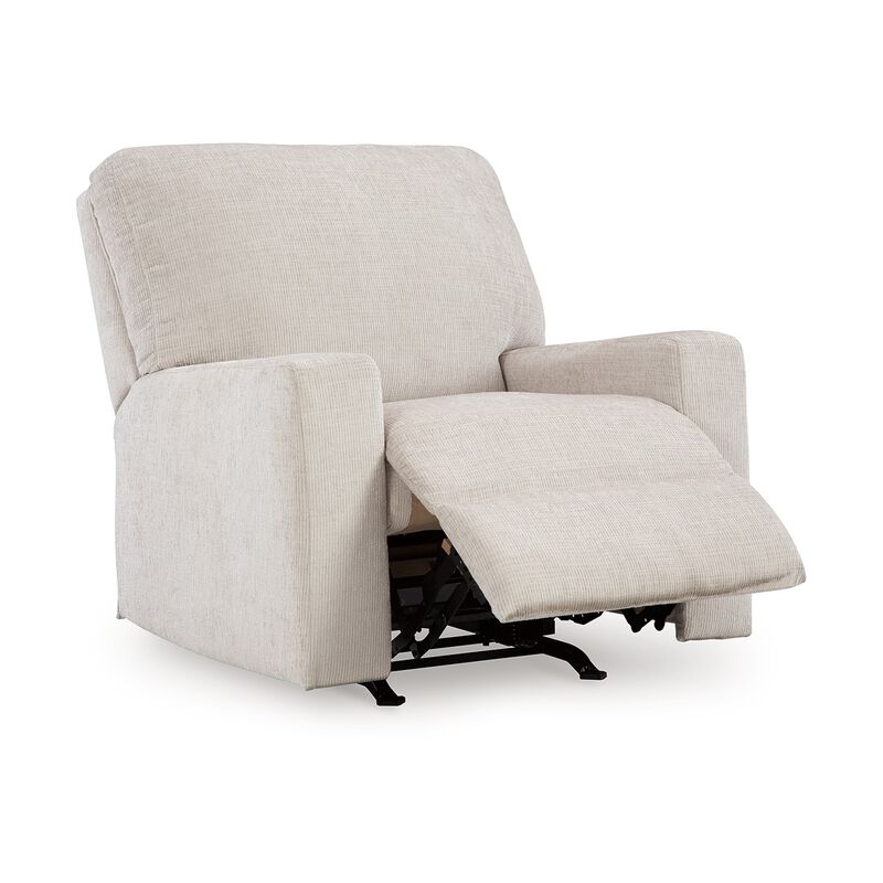 Avie Rocker Recliner Chair, Gentle Motion, White Ivory Polyester - Benzara