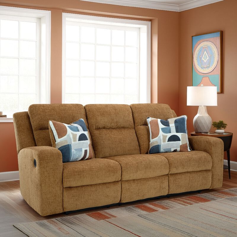 Damon Manual Reclining Sofa, Camel Brown Polyester, 2 Pillows, 86 Inch - Benzara