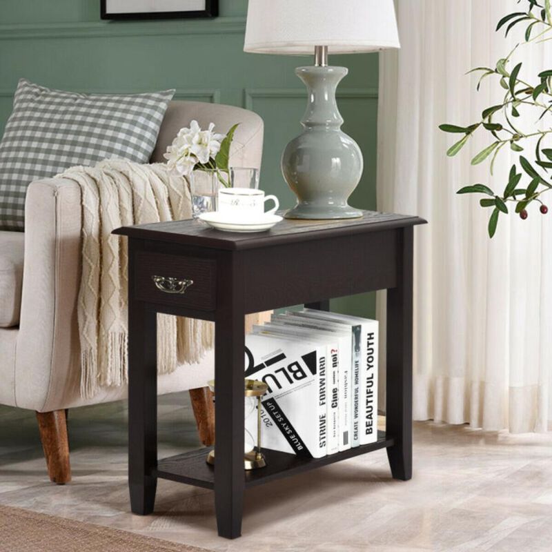 Hivvago 2 Pieces 2 Tier Sofa Side End Table with Drawer and Open Shelf