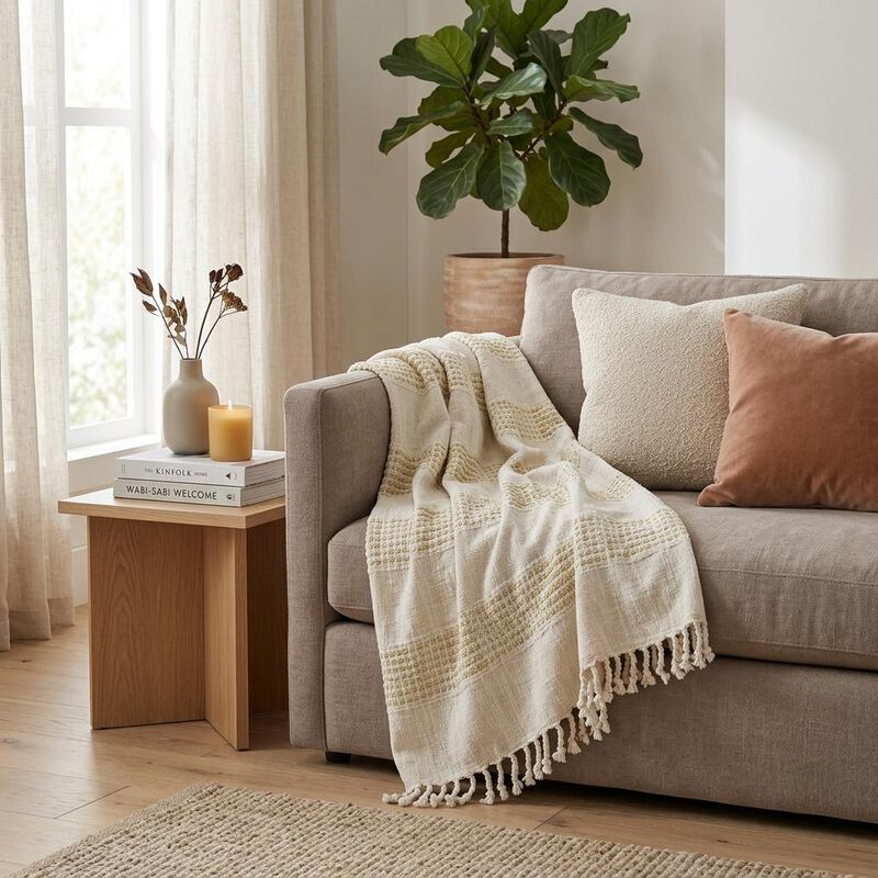 HomeRoots Natural Woven Cotton Throw Blanket image number 1
