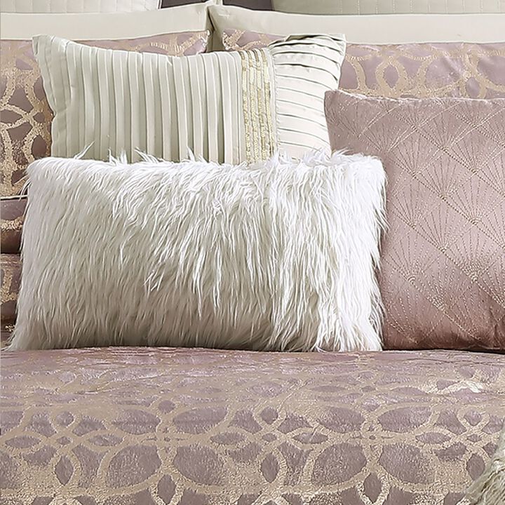 Eve 10 Piece Full Size Poly Velvet Comforter Set, Foil Pattern, Blush Pink - Benzara
