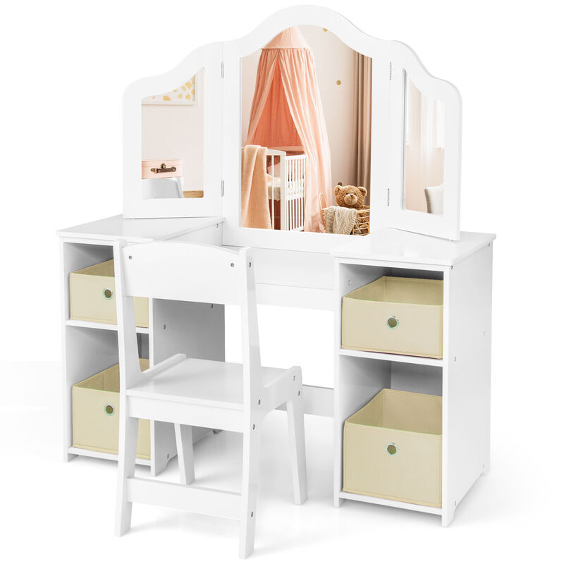 Kids Vanity Table and Chair Set with Removable Mirrors and 4 Storage Bins