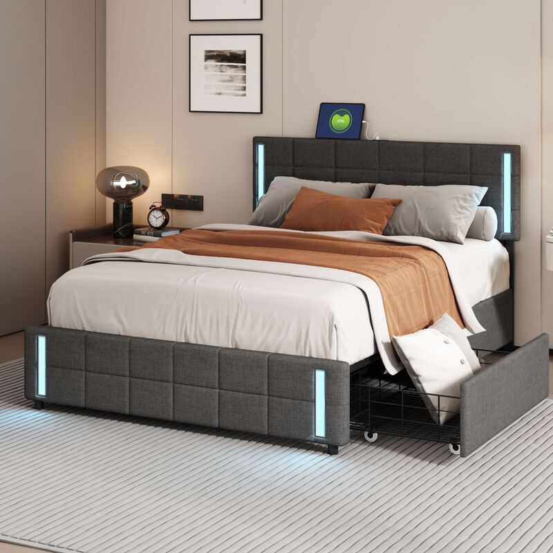 Merax Upholstered Platform Bed with LED Lights and USB Charging, Storage Bed with 4 Drawers image number 1