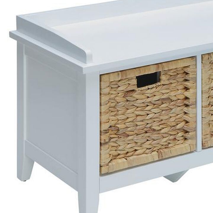 Rectangular Wooden Bench with Storage Basket, White- Benzara