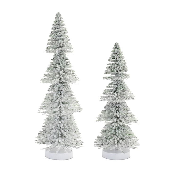 Set of 2 Flocked Bottle Brush Trees – Snowy Mini Holiday Trees for Tabletop, Mantel, or Winter Village Display