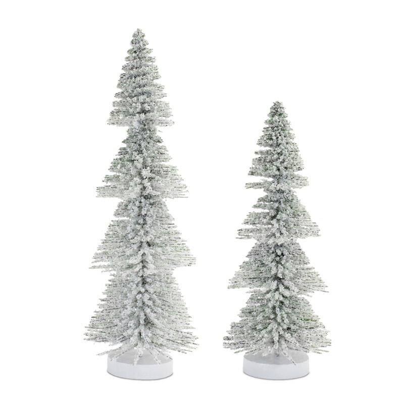 Set of 2 Flocked Bottle Brush Trees – Snowy Mini Holiday Trees for Tabletop, Mantel, or Winter Village Display