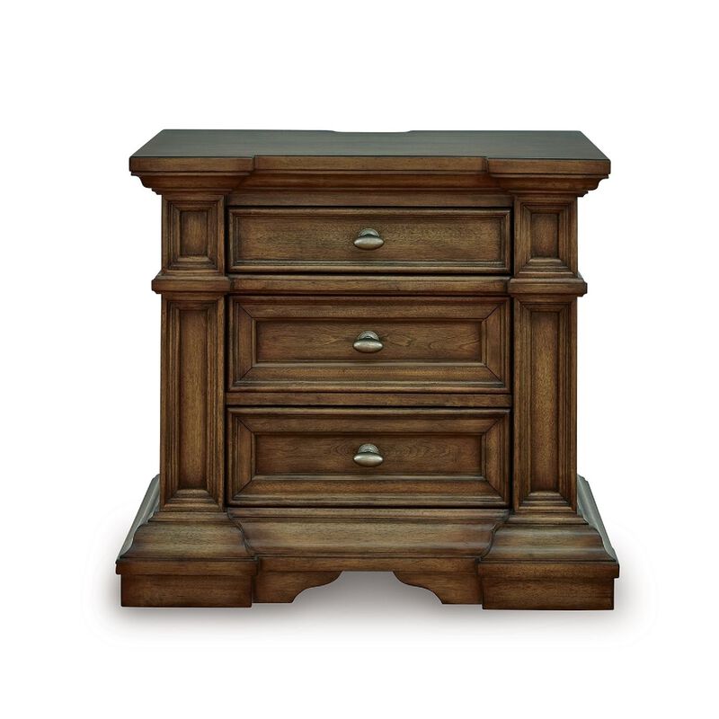 Lesa Nightstand, 3 Drawers with Antique Brass Oval Knobs, Brown 32Inch image number 2