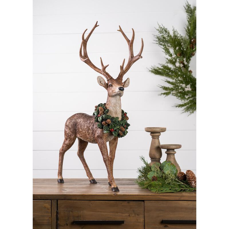 Set of 2 Resin Deer with Wreath for Charming Seasonal Decorations