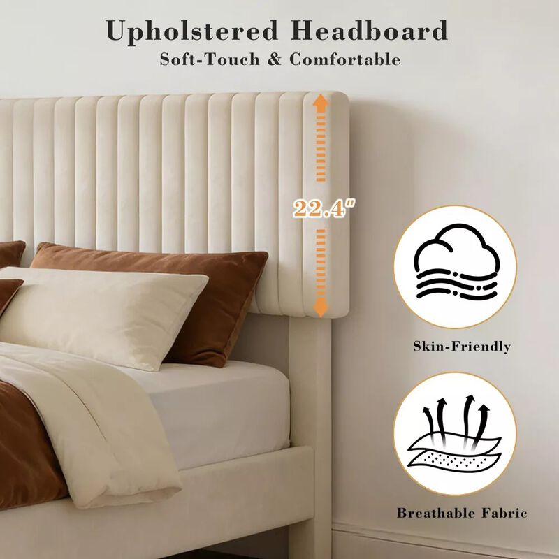 Vipbear Beige Velvet Upholstered Platform Bed Frame with Headboard, Wood Slat Support, Easy Assembly image number 4