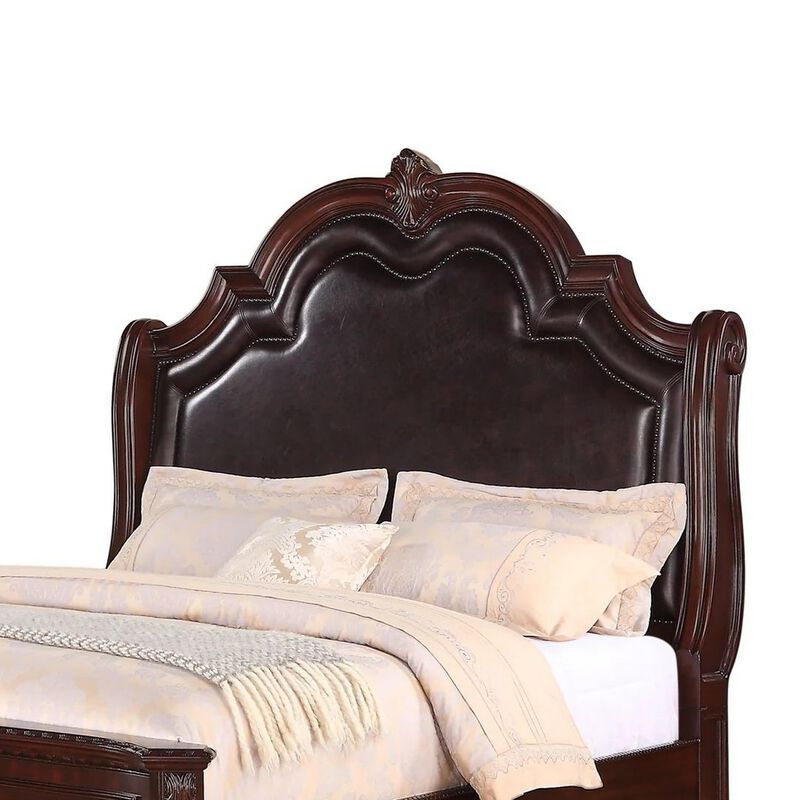 Benjara Chef Queen Size Bed, Carved, Faux Leather Upholstery, Dark Brown Wood