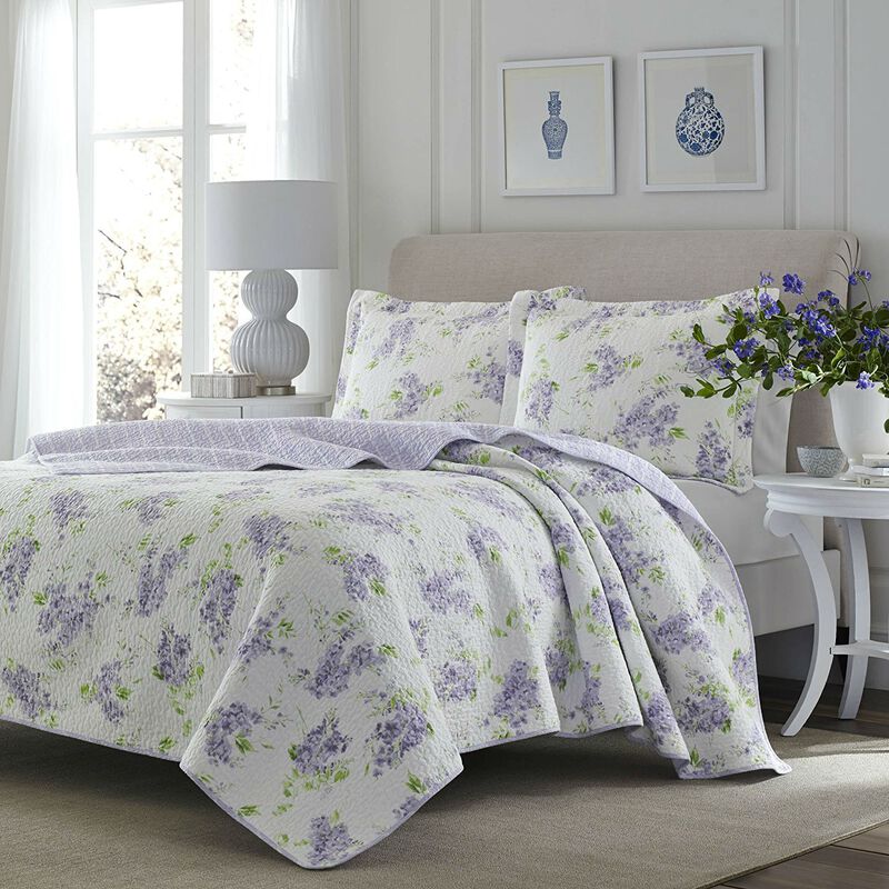 QuikFurn Full / Queen size 3-Piece Cotton Quilt Set with White Purple Floral Pattern image number 1
