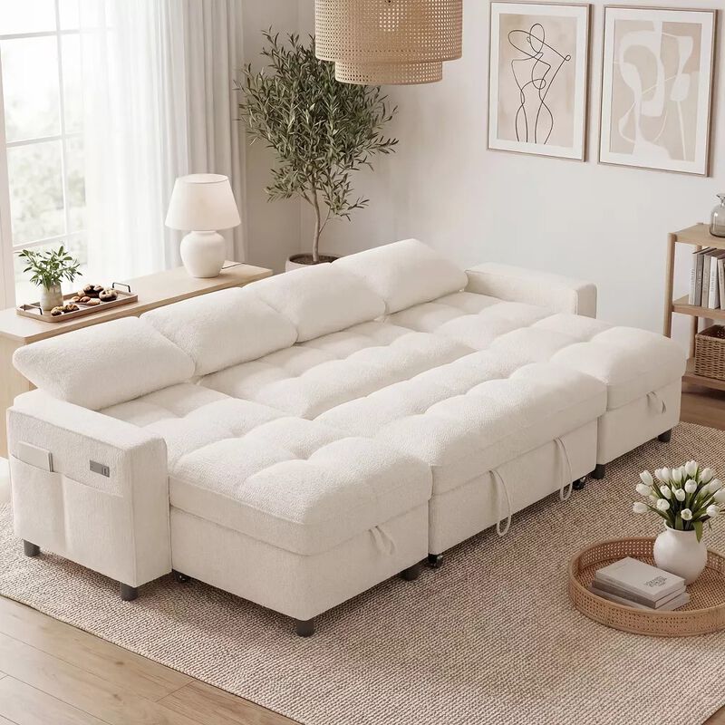 105" U-Shaped Sleeper Sofa Bed, Chenille Pull Out Couch with Reversible Storage Chaise, 5-Position image number 3