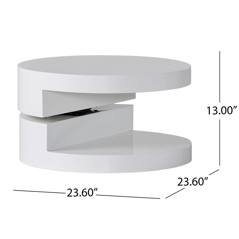 Coffee Table, Open Shelf, Rotating 24 Inch Modern Round White Top