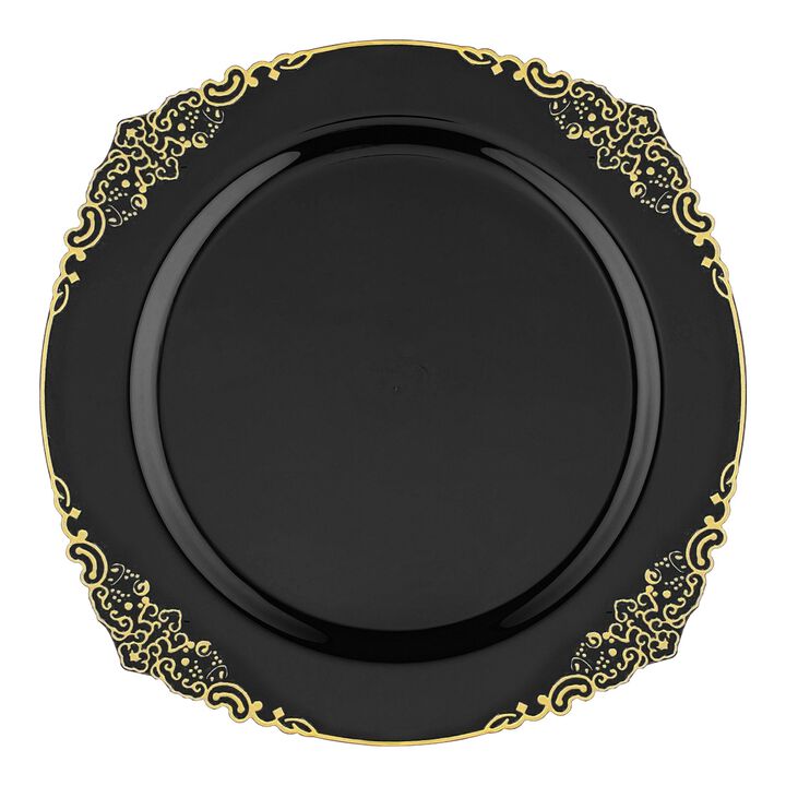 10.25" Black with Gold Fancy Round Plastic Dinner Plates (120 Plates)