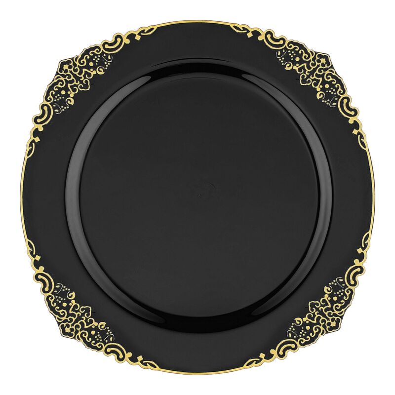 10.25" Black with Gold Fancy Round Plastic Dinner Plates (120 Plates) image number 0