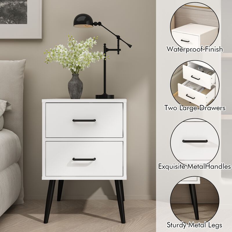 Assembled 2-Drawer Nightstand White Metal Legs Handles image number 5