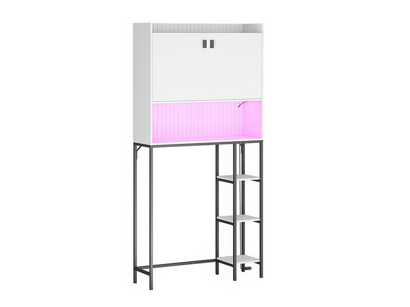 BELLEZE Over The Toilet Storage Cabinet with LED Light, Freestanding Above Toilet Rack with Adjustable Shelf, Bathroom Space Savers Anti-Tipping Device Included - Murano (White)