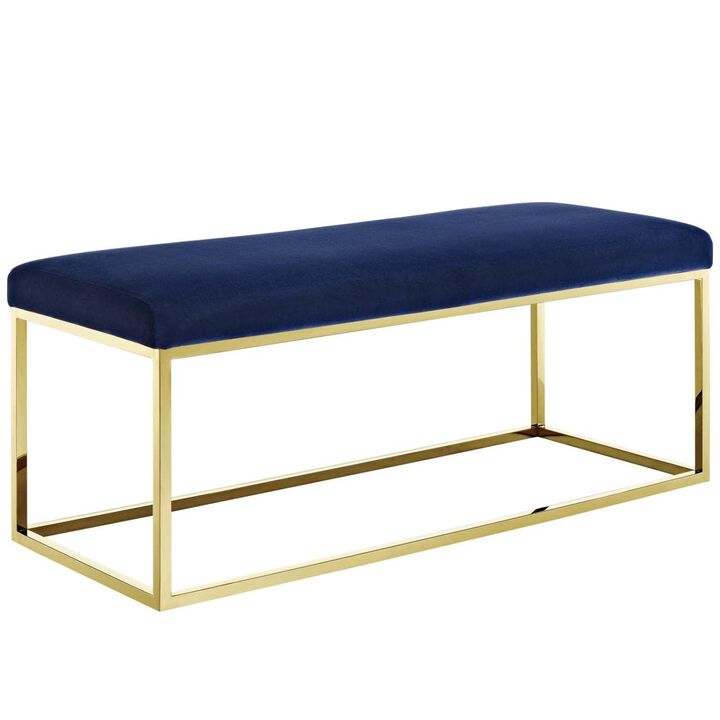 Modway Anticipate Velvet Upholstered Modern Bench With Stainless Steel Frame in Gold Navy